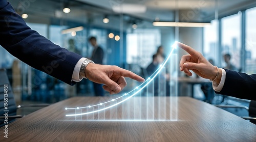 Two hands pointing at a rising graph, symbolizing teamwork and success in business.
