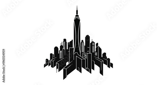 Modern cityscape silhouette with towering skyscraper at its center, representing urban growth and ambition.