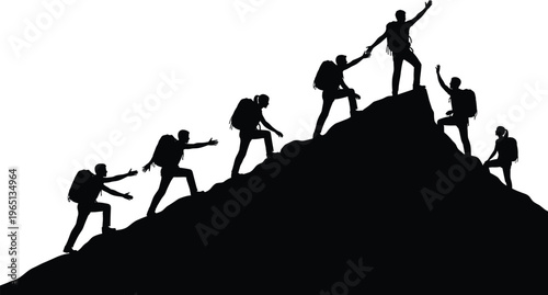 Silhouette icons of hikers climbing mountain slope with backpacks representing teamwork, perseverance, achievement, and outdoor adventure