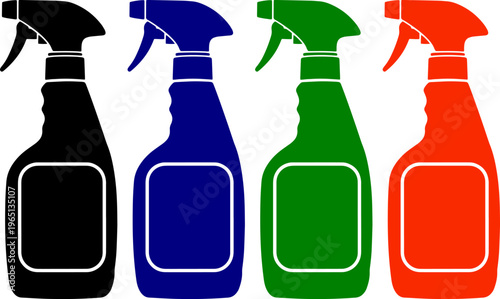 Spray bottle icon with trigger nozzle and label area various colors on transparent background