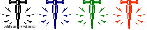 Jackhammer icons in black blue green and red for construction and demolition work