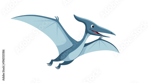Colorful illustration of a friendly cartoon pterodactyl dinosaur flying through the air with its wings spread wide.