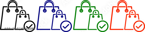 Shopping bag with checkmark icons in black blue green and red for commerce and retail