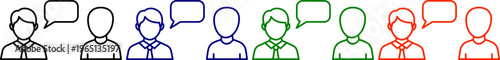 People talking icons with speech bubbles in black blue green and red for communication