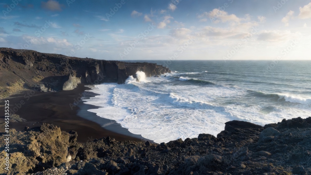 Fototapeta premium Black sand beach surf rolling beneath high sea cliffs
