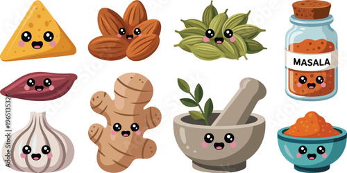 Cute cartoon spice ingredients set with smiling faces featuring garlic, ginger, almonds, cardamom, masala jar and mortar illustration