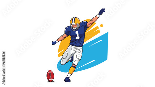 Dynamic illustration of an American football player in action kicking a ball on a colorful abstract background.