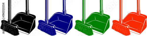 Collection of four dustpan and broom icons in black blue green and red isolated on transparent background