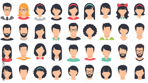 Set of forty different human face icons representing people of various ages, genders, and ethnicities for user profiles.