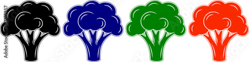 Set of four broccoli icons in black blue green and red colors isolated on transparent background