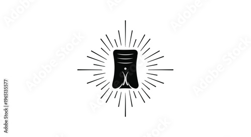 Abstract minimalist symbol radiating light bursts on white background