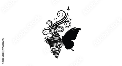 Symbolic transformation from chaos to beauty, represented by a swirling vortex and a butterfly.