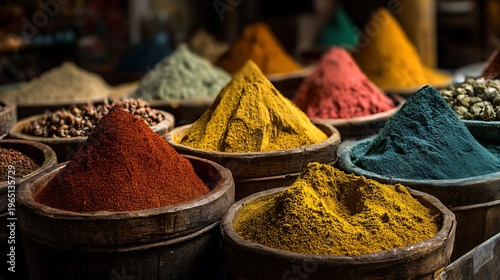 A vibrant display of aromatic spices like red chili, yellow turmeric, and curry powder fills bowls at a colorful market, offering essential dry ingredients for spicy cooking and cuisine