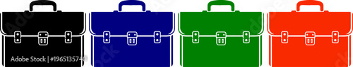 Four briefcases in black, blue, green, and red colors with silver clasps, vector illustration