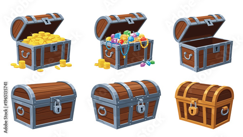 Collection of colorful treasure chests in different states including open with gold and gems, closed, and wooden styles.
