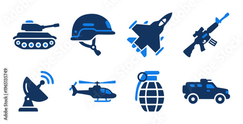Flat glyph military and defense icon set featuring tank, helmet, aircraft, weapon, radar, grenade, and armored vehicle. Suitable for security, army, and strategy design.
