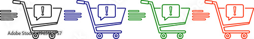 Four shopping carts with exclamation marks in speech bubbles, black, blue, green, red colors, vector