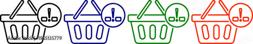 Four shopping baskets with exclamation marks, black, blue, green, red outlines, vector icon