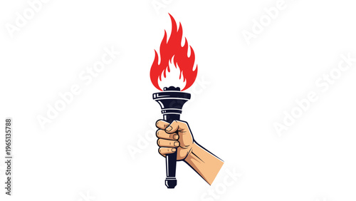 Strong hand firmly holding a lit torch with a bright red and orange flame representing leadership and guidance.