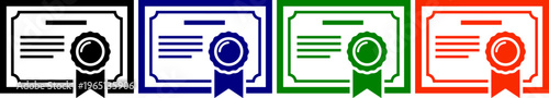 Four certificates of achievement and recognition, displayed in black, blue, green, and red colors