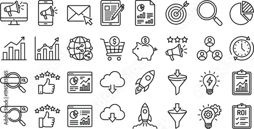 Digital Marketing and Business Growth Line Icon Set Featuring Analytics, Targeting, Advertising, SEO, Conversion Funnel, Finance, Startup Launch, and Data Strategy Symbols