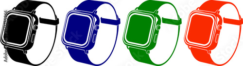 Collection of smart watches in black blue green and orange color illustration