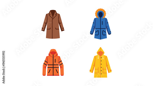 Four stylish coats showcasing diverse colors and winter fashion designs