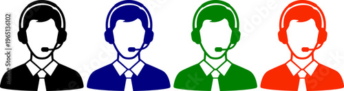 Call center operator icons headset microphone tie in black blue green orange vector graphics