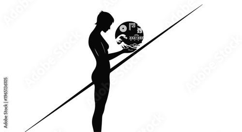 Silhouette of a woman holding a globe of digital icons, representing global connectivity and technology.