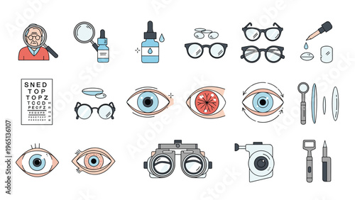 Detailed set of fifteen optometry and eye health icons featuring glasses, contact lenses, eye exams, and medical tools.