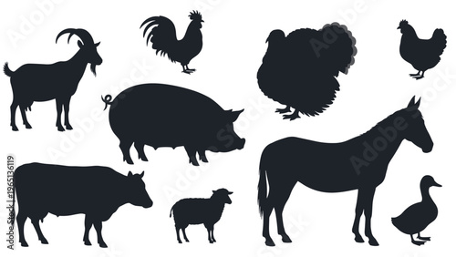 Collection of black silhouettes of common farm animals including a cow, pig, goat, horse, sheep, and poultry.