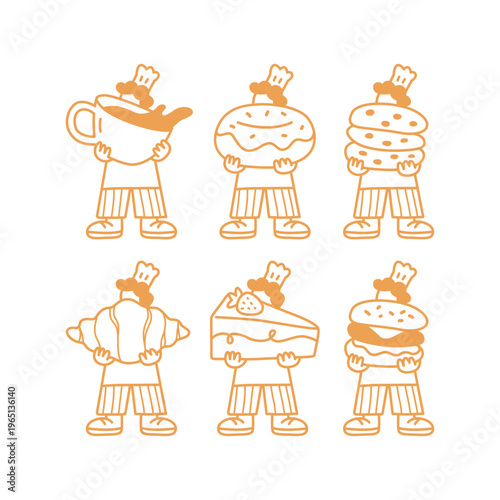MINIMALIST HAND DRAWING MALE CHEF IS HOLDING FOODS LOGO SET
