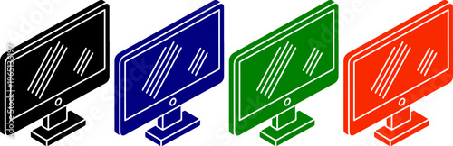 Desktop computer monitors in black blue green and red isometric view