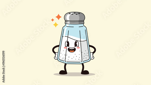 Cute cartoon salt shaker character with a happy face and hands on hips standing on a light yellow background with shining stars.