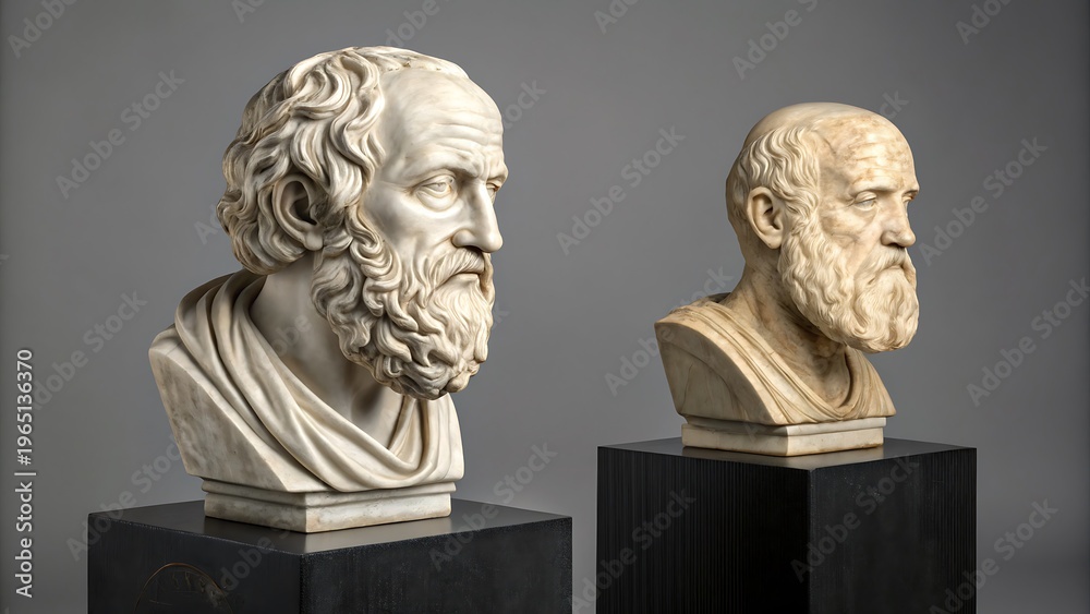 Obraz premium classical marble bust sculptures of ancient philosophers on pedestals