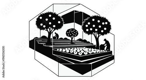 Whimsical geometric garden scene with fruit trees and figures tending to plants