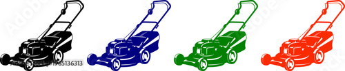 Lawn mower set in silhouette isolated on checkered background vector collection