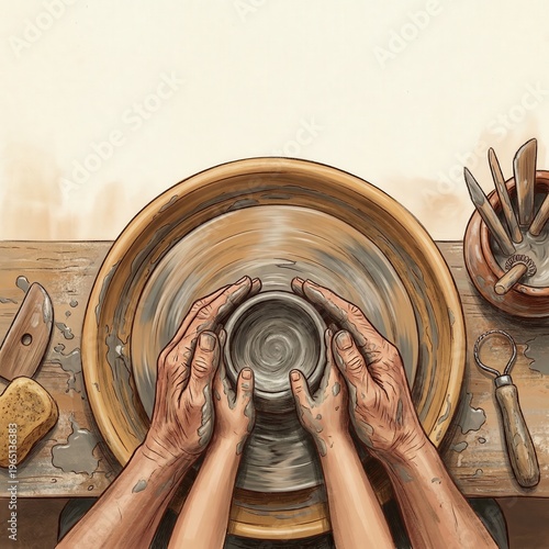 Hands shaping clay on pottery wheel in artisan workshop with tools