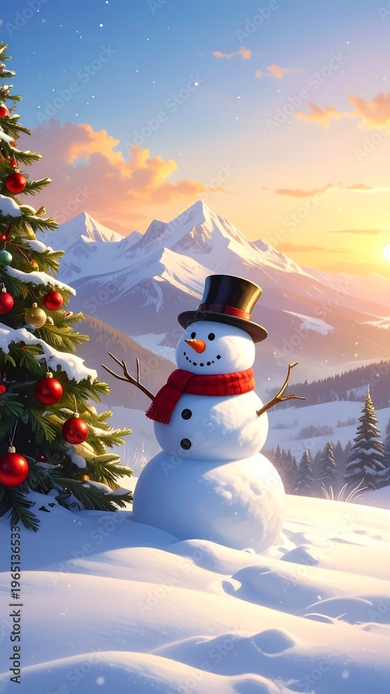 Obraz premium A snowman in a snowy mountain landscape with a Christmas tree