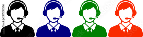 Four colorful call center agents with headsets in black, blue, green, and red isolated