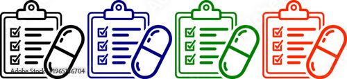 Group of medical checklist and pill icons in assorted colors for healthcare record keeping
