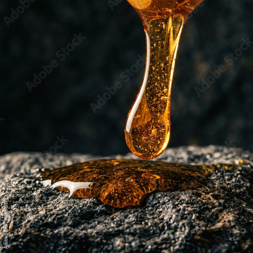 Golden honey dripping from spoon onto dark textured stone background
