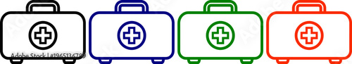 Assortment of medical first aid kit bag icons in different colors for emergency medical supplies