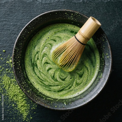 Matcha green tea powder swirling in black bowl with bamboo whisk