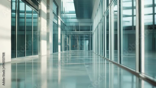 Empty interior hallway of a modern corporate building featuring tall glass windows, white columns, and a reflective floor, creating a bright and professional office workspace environment