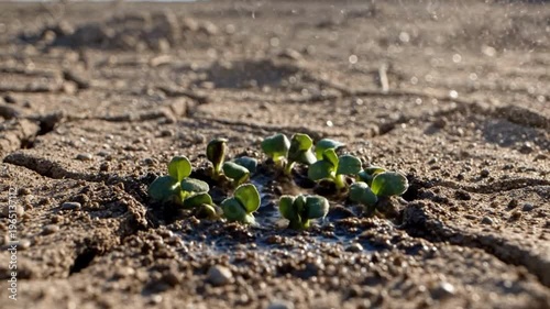 Water Drop Falling on Dry Cracked Earth and Sprouting New Plant