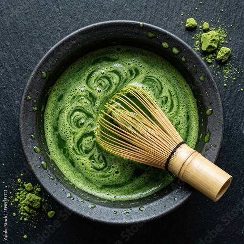 Matcha green tea powder swirled in bowl with bamboo whisk for traditional preparation