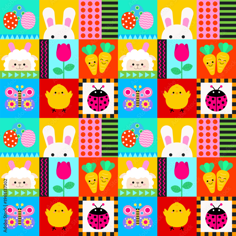 Fototapeta premium Cute Easter Patchwork Garden with Bunny and Spring Pattern