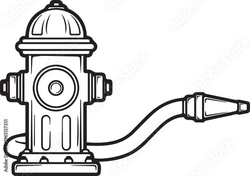 A black and white drawing of a fire hydrant with a hose