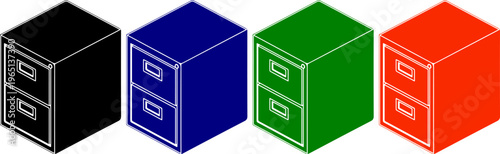 Four isometric filing cabinets in black, blue, green, and orange colors on transparent background